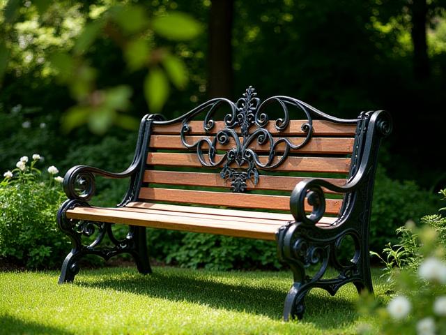 Panchina da giardino in ferro battuto e legno trattato, con un design che richiama le formazioni nuvolose.