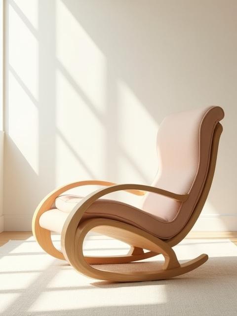 Sedia a dondolo dal design organico, in legno curvato che evoca il movimento del vento.