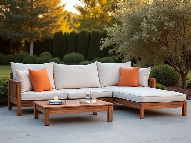 Divanetti e tavolino da esterno, realizzati con materiali resistenti alle intemperie e illuminazione integrata.