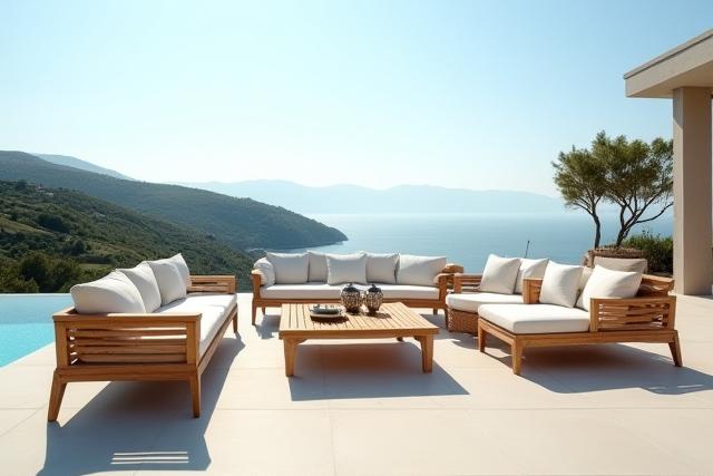 Moderno set di mobili da esterno in legno resistente alle intemperie su una terrazza panoramica