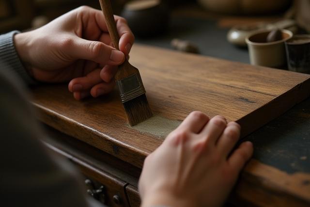 Mani esperte che restaurano un antico mobile in legno, applicando una finitura protettiva