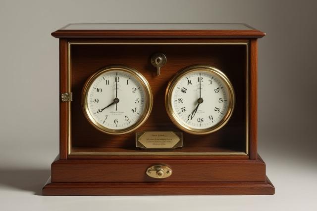 Elegante teca in legno e vetro con all'interno un antico barometro e un igrometro